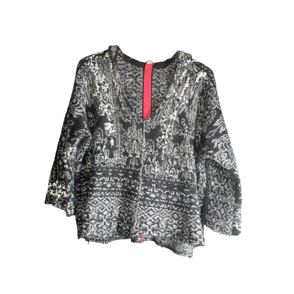 Free People Hooded Boho Poncho Sweater Small Oversized Fair Isle Embroidered